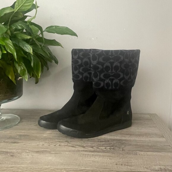 Coach Tatum Black Leather Wool Mid-Calf Boots Women’s 9M | Signature Logo Winter - Picture 6 of 10